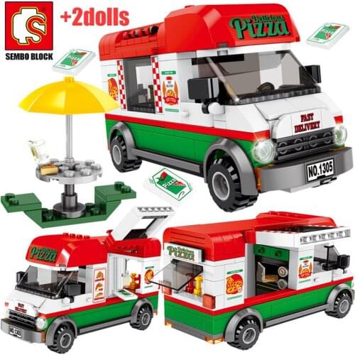 SEMBO City Creative Pizza Takeaway Car Building Blocks Street View Sanitation Cleaning Vehicle Figures Bricks Toys for Kid