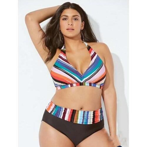 Oversize Swimsuit Fat Lady Sexy Striped Printed Bikini Set for Women Split Strap Open Backless Bathing Suit 2 Piece