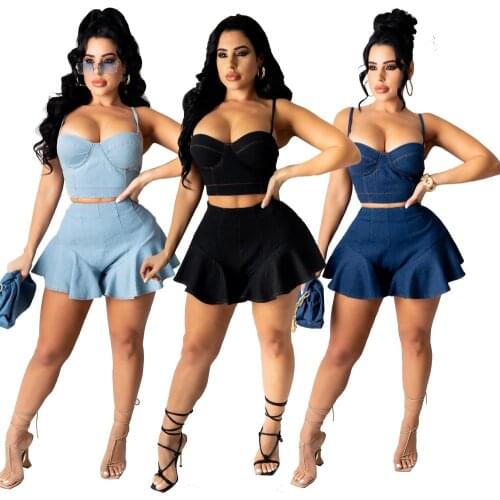 Chiclover Summer Denim Sets Womens Outfits Wholesale Items Zipper Sweet 2 Piece Set Casual Suspender Vest and Pleated Skirts