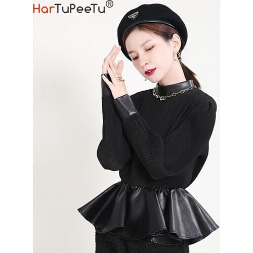 Pleated Black Blouse Women 2021 Spring Autumn Tunic Waist Streetwear Japan Patchwork PU Ruffles Hem Puff Sleeve Pullover Tops