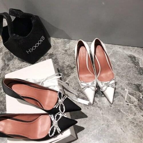 Pointed High Heel Shoes for Women 2021 Spring New Bow Rhinestone Silk Stiletto Low-Cut Shoes