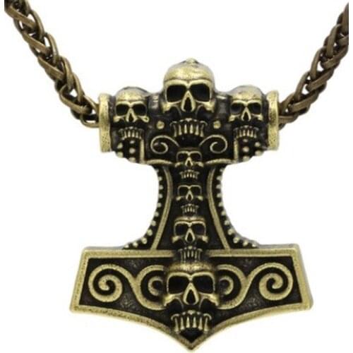 Vintage Nordic Style Gothic Skull Viking Hammer Pendant Necklace Classic Punk Mens High Quality Metal Rock Party Jewelry