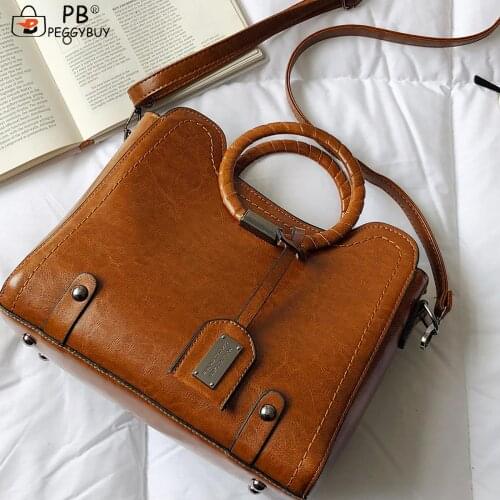Vintage Women PU Leather Top Handle Bag Portable Street Travel Solid Color Shoulder Crossbody Handbags Fashion Round Ring Purse