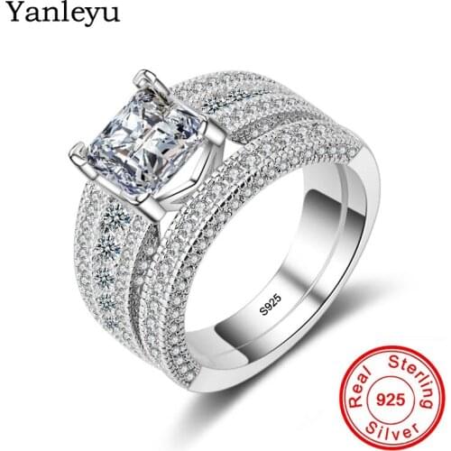Yanleyu Square Shape AAA Cubic Zirconia Engagement Rings Set for Women 100% 925 Sterling Silver Wedding Bands Jewelry PR240