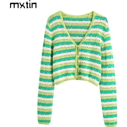 MXTIN 2021 Women Spring Vintage Striped Single Breasted Knit Short Jacket Coat Fashion V-Neck Long Sleeve Outerwear Casual Tops