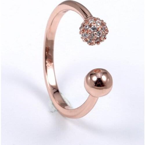 925 Sterling Silver Pan Ring Rose Polished & Pave Bead OPen Ring With Crystal For Women Wedding Party Fashion Jewelry