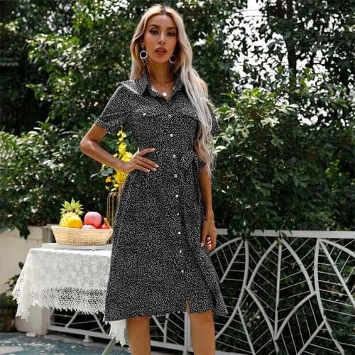 Floral Print Dress Women Summer Short Sleeve Turn-down Collar Single-breasted Bandage Midi Dress Female Elegant Dresses