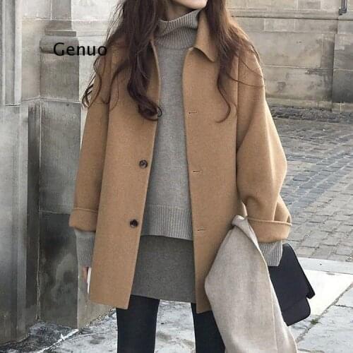 Autumn Women Wool Coat Long Sleeve Single Breasted Fashion Turn Down Female Blends Causal Loose Winter Outwear