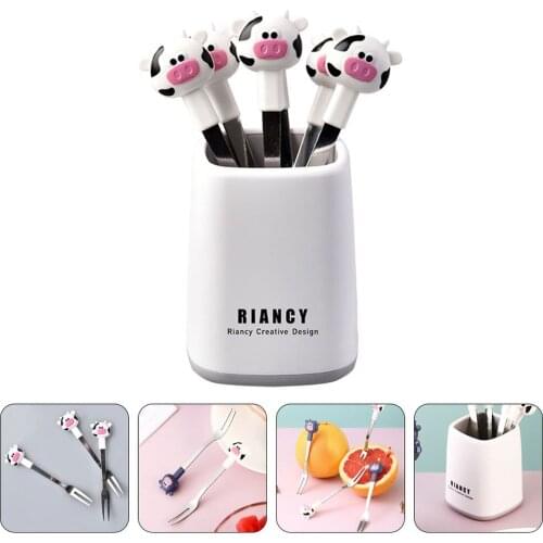 1 Set Cartoon Calf Design Fruit Forks Stainless Steel Forks with a Holder