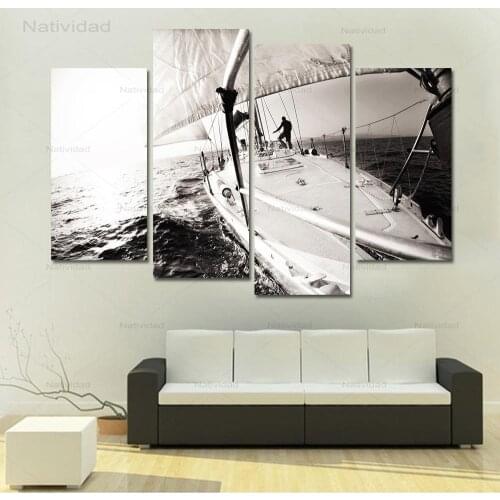4 Pieces Black White Boat Sea Level Landscape Modern Canvas Painting Wall Art Pictures Home Decoration Posters for Living Room