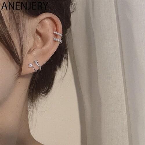ANENJERY 1 Pair 925 Sterling Silver Double Layer Asymmetrical Clip Earrings Female No Pierced Ear Bone Earrings Wholesale
