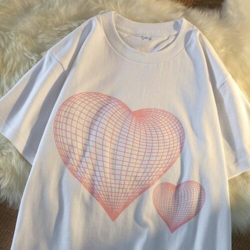 Innovation Plaid Heart Harajuku Retro Love White Short Sleeve T-shirt For Womens Loose Summer Clothes Lovers Hip Hop Tops