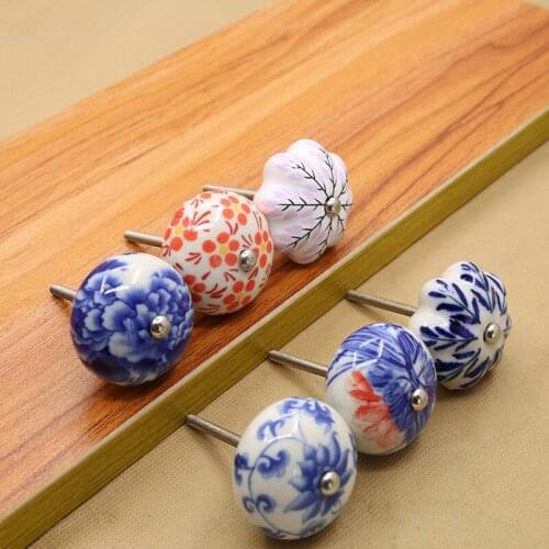 Blue and White Porcelain Pattern Ceramic Handle Wardrobe Cabinet Drawer Single Hole Round Pumpkin Handle