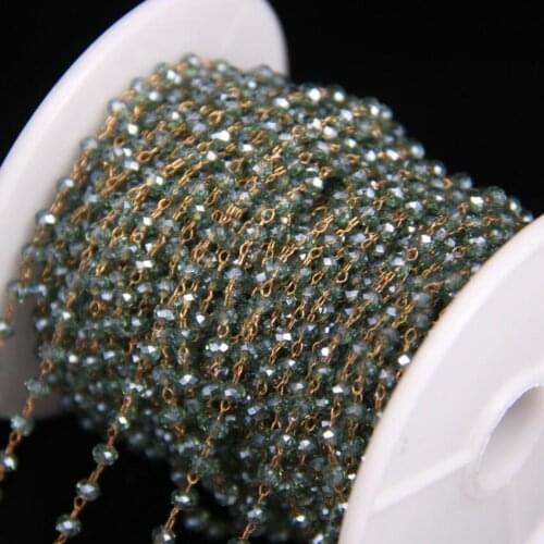 Clear Light Green Glass Rosary Chain,2x3mm,Crystal Faceted Rondelle Link Brass Wire Wrapped Chain,DIY Necklace Jewelry Crafts