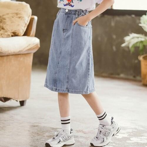 2021 Summer Spring Autumn Teenage Girl Clothes Denim School Straight Pockets Cute Girls Jeans Skirts For Kids Blue Knee Length