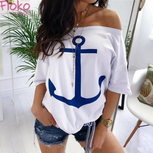 Flokocloset Summer Off The Shoulder Batwing Sleeve Print T-shirt Casual Loose Anchor Print Tshirts Women Tops Tee