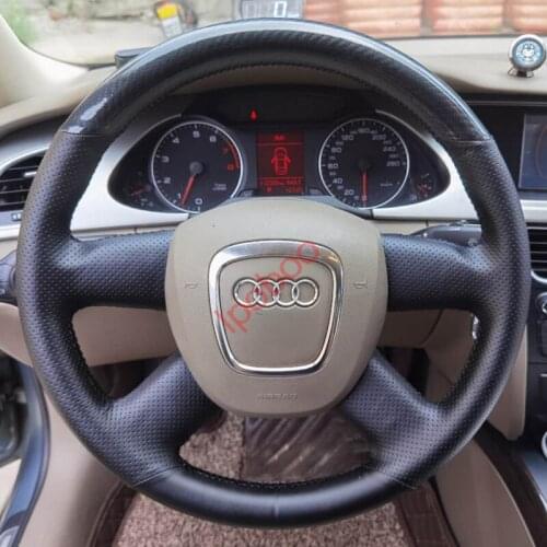 Glossy Carbon Fiber & Leather Steering Wheel Hand-stitch on Wrap Cover For Audi A4 B7 B8 A6 C6 04-11 Q5 08-12 Q7 05-11