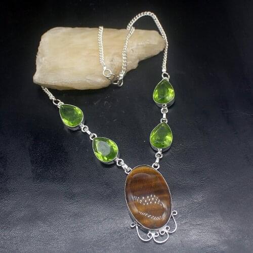 Hermosa Jewelry Natural Tigers Eye GreenTopaz Silver Color Women Ladies Gifts Pendant Necklace Chain 44cm 20213378