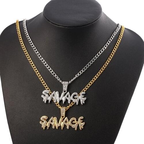 Hip Hop Wild Letter Necklace Shiny Rhinestone SAVAGE Pendant Necklace Rock Punk Jewelry Accessories Ladies Men Fashion Gifts