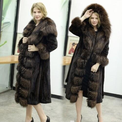 Imported velvet mink coat female whole mink long fox fur collar hooded mink fur coat female brown