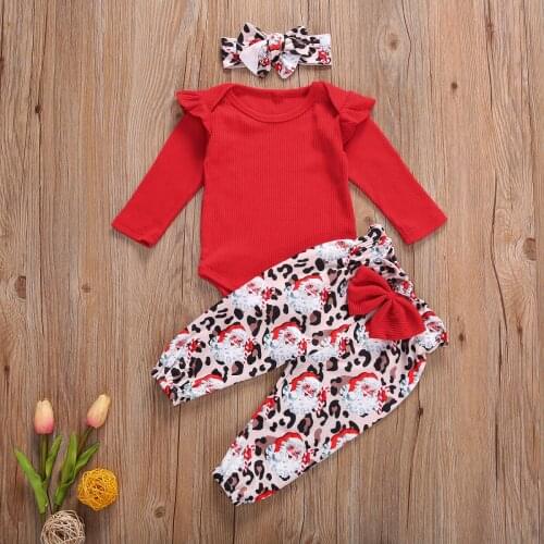 Pudcoco Newborn Baby Clothes Christmas Solid Color Long Sleeve Cotton Romper Leopard Santa Claus Print Pants Headband 3Pcs Set