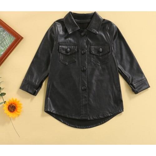 Lovely Toddler Leather Jackets Baby Dress Coat Long Sleeve Overwear Lapel Collar Buttoned Thigh Long Leather Coat with Pocket