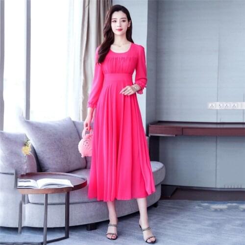 Summer Dress Green 4XL Plus Size Dresses 2019 New Spring Pink Elegant Slim Chiffon Long Sleeve Dress Chic Vestidos Feminina JD37