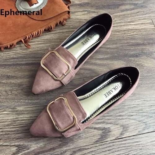 Ladies Court Shoes Moccasin Low-Top Flock Flats Pointed Mujer With Belt Buckle Plus Size 17-3 Grey Black Pink Shoes Comfortable