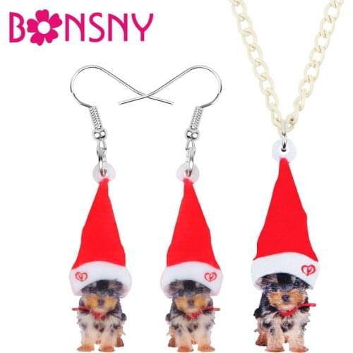 Bonsny Acrylic Christmas Hat Yorkshire Yorkie Dog Jewelry Set Necklace Earrings Animal Jewelry Women Girls Teens Decoration Gift