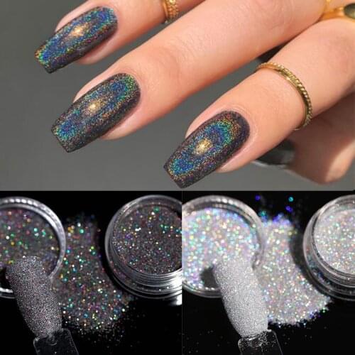 Laser Black Silver Holographics Powder on Nails Glitter Chrome Nail Powder Polish DIP Shimmer Gel Polish Flakes for Pigment