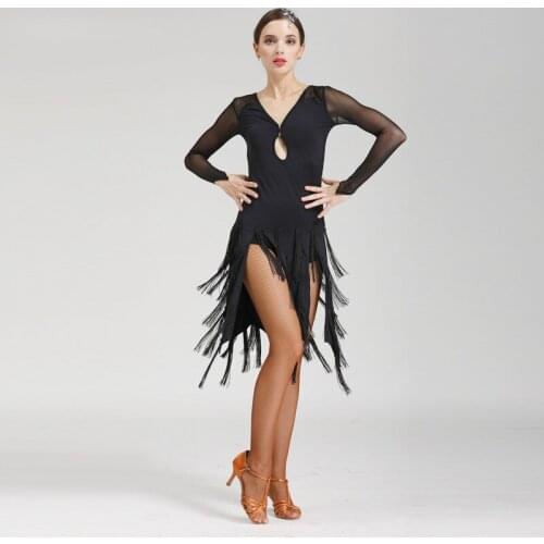 Latin dance dress female adult long sleeve clothing new Latin dress practice clothes tassels MESH BACK