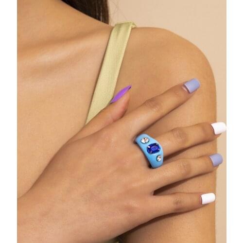 Simple Geometric Blue Micro-inlaid Rhinestone Ring Creative Colorful Acrylic Resin Ring European and American Style Jewelry 2021