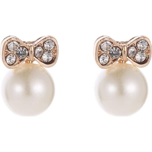 Simple Bling Starry Clear Crystal Bowknot Fashion Simulated Pearl Temperament Stud Earrings For Women Jewelry