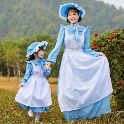 Comfortable and Breathable Fabric, Retro French Pastoral Style, Light Blue Maid Dress, Parent-child Stage Performance Costume