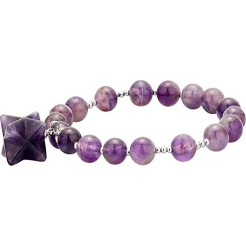 FYJS Unique Silver Plated Merkaba Symbol Natural Purple Amethysts Stone 8 mm Round Beads Elastic Bracelet