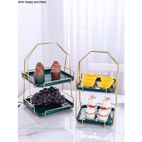 Iron Ceramics Fruit Tray European Style Double Layer Snack Tray Cake Stand Pastry Display Stand Living Room Candy Tray Cake Tool