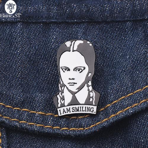 Addams family brooch I am Smiling Enamel pin Smiling girl with braids badge figure jewelry Accessories Punk Fun Gift Wholesale