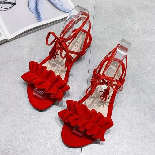 Women Red Tassel-Trim Ruffles Flat Sandals With Tie-Fastening Ankle Strap Plus Size