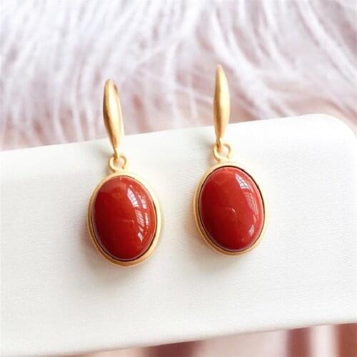 S925 Sterling Silver Gold-Plated Inlaid Natural Southern Red Agate Earrings Retro Oval Egg Face Earrings Female Personality