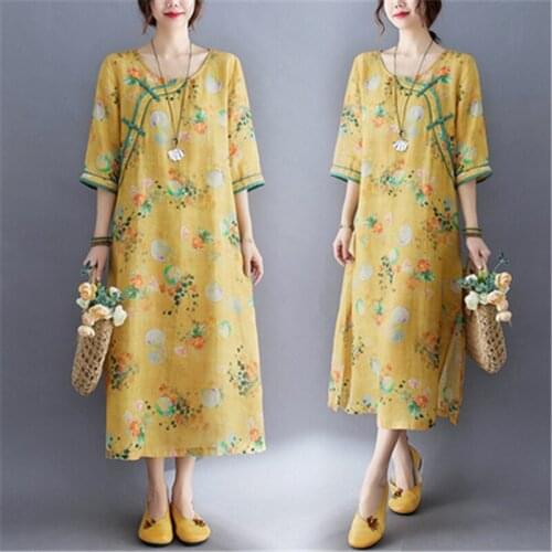 2021 Summer New Mid-Length Chinese Style Improved Cheongsam Loose Disc Button Printed Cotton And Linen Dress Female Trendy H107