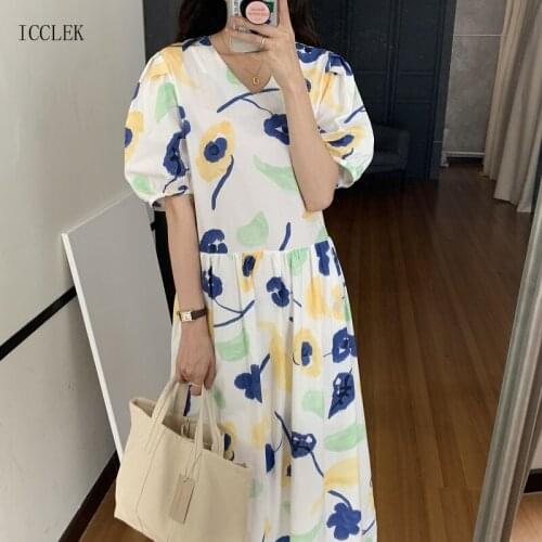 Vintage Holiday Painting Floral V-Neck Loose Slim Puff Sleeve 2021 Summer One-Piece Korean Womens Casual Ladies Office Dresses