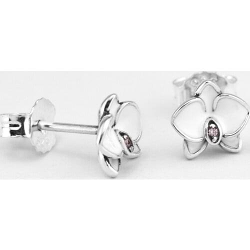 100% 925 Sterling-Silver-Jewelry Orchid Stud Earring with White Enamel Free Shipping