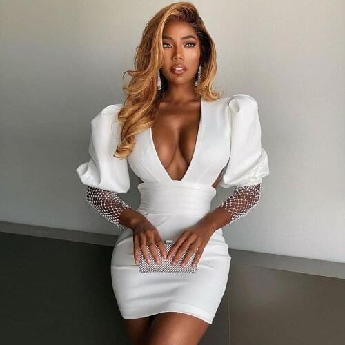 2020 Women Fashion Sexy Deep V Neck Lace Black White Bandage Dress Designer Elegant Evening Celebrity Party Dress Vestido
