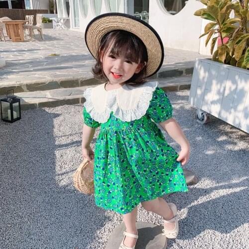 2021 Summer New Girls Green Floral Bottom Dress With Big Lace Lapel Sweet Lovely Baby Dress