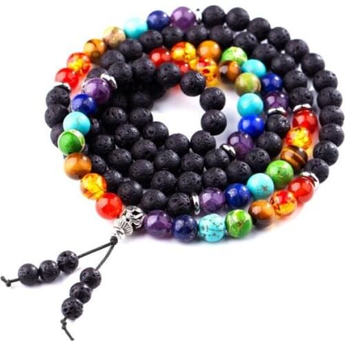Druzy 6PC 8mm Volcanic Rock Stone 7 Chakra 108 Round Beads Bracelets Buddhist Beads Necklace Meditation Heart Healing Bracelet