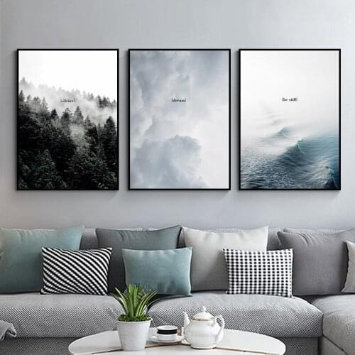 Abstract Graffiti Landscape Forest Tree Mountain Fog Sea Canvas Painting Background Wall Picture Poster Living Room Decoration