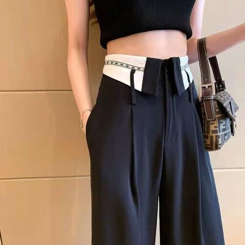 Cuffs Wide Leg Pants High Waist Womens Trousers Summer Thin Design Flower Brace Pants Straight Loose Drape Suit Pants Womens