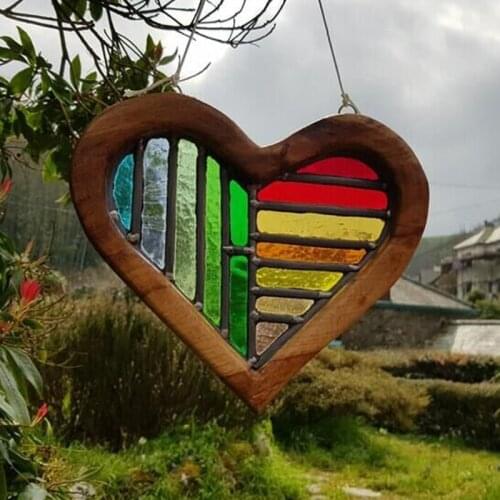 Wooden Rainbow Heart Pendant Acrylic Crafts Window Hanging Decoration Handmade Garden Windchimes Decoration Room Decor