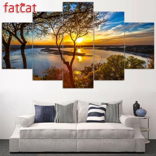 FATCAT 5 Panel Beautiful Sunrise Natural Landscape Diy Diamond Painting Full Square Round Drill Diamond Embroidery Sale AE1061