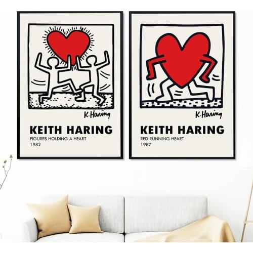 Figures Holding A Heart Vintage Exhibition Haring Pop Art Canvas Painting Posters and Prints Wall Pictures Cafe Home Room Decor